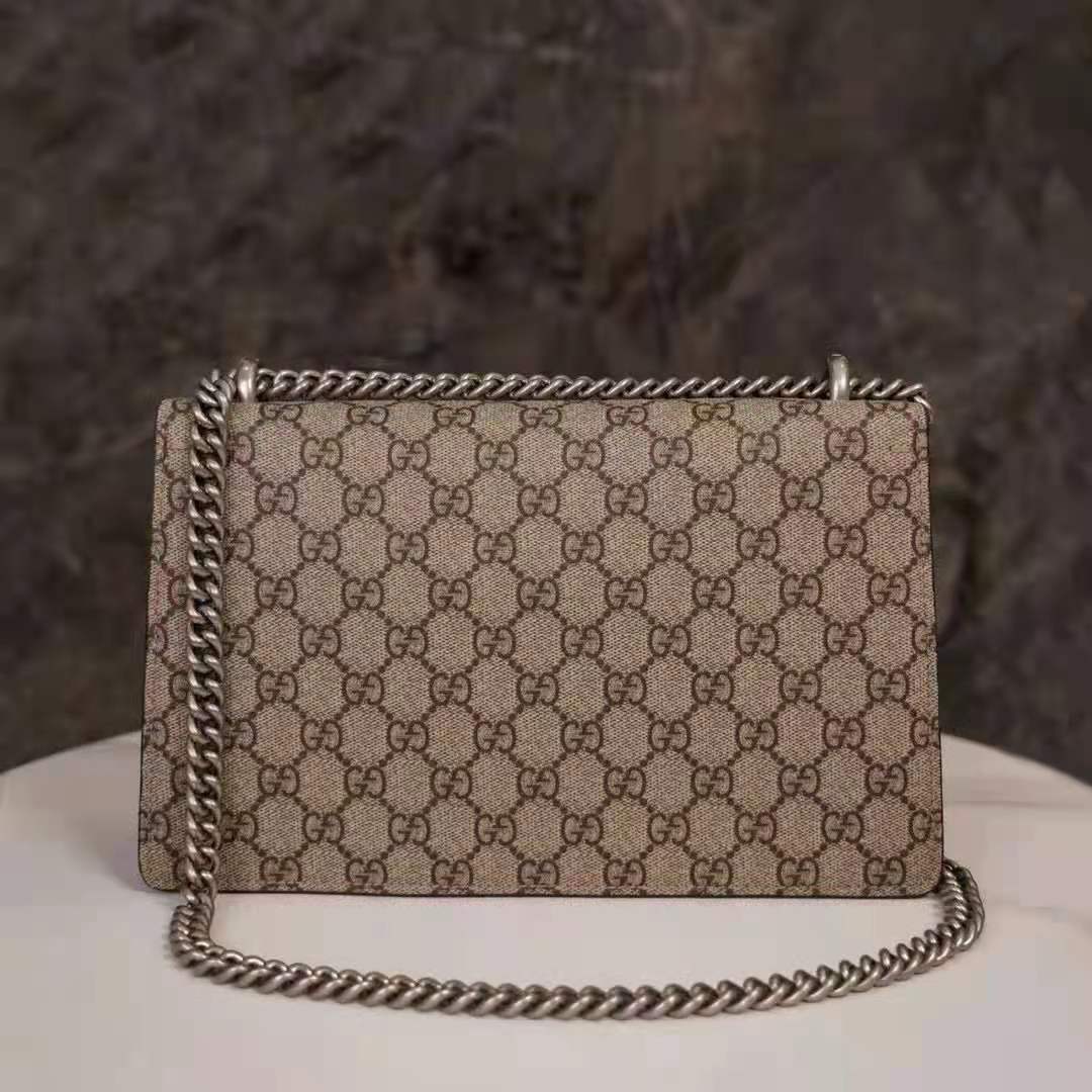 Gucci GG Women Dionysus GG Small Shoulder Bag Beige Ebony GG Supreme Canvas Black Suede