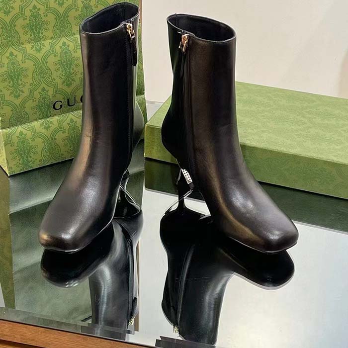 Gucci Women GG Ankle Boot Black Leather Geometric Heel Metal Inserts High-Heel