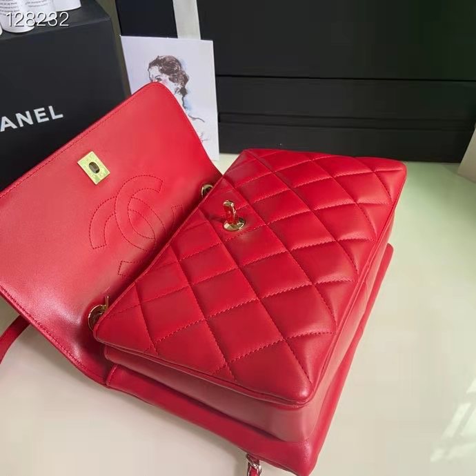 Chanel Women Flap Bag Top Handle Smooth Calfskin Gold-Tone Metal Red
