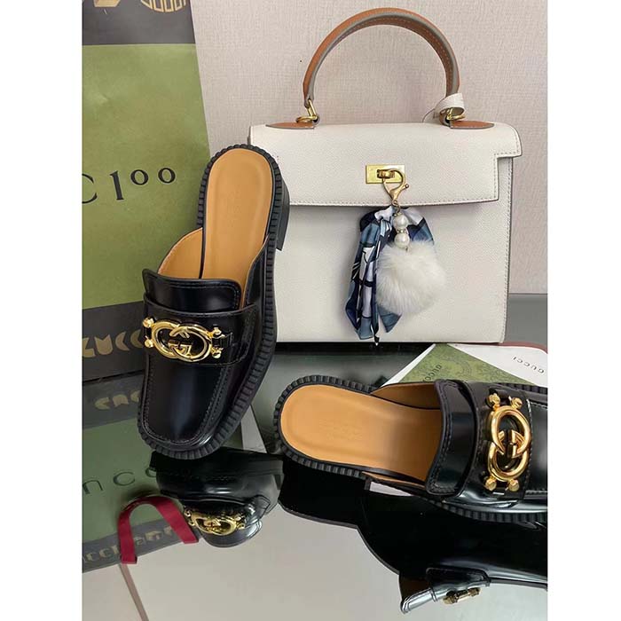 Gucci Unisex GG Slipper Interlocking G Black Leather Low 2.5 Cm Heel