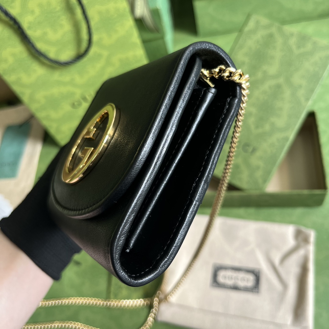 Gucci Women GG Blondie Medium Chain Wallet Black Leather Round Interlocking G