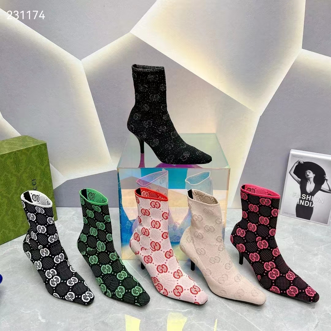 Gucci Women GG Knit Ankle Boots Black Grey Technical Knit Fabric Square Toe Leather Mid-Heel