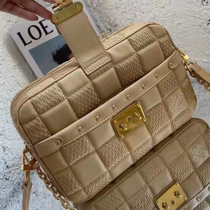 Louis Vuitton LV Women Troca MM Handbag Beige Damier Quilt Lambskin Calfskin