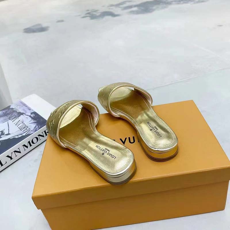 Louis Vuitton LV Women Revival Flat Mule Gold Monogram Embossed Metallic Lambskin