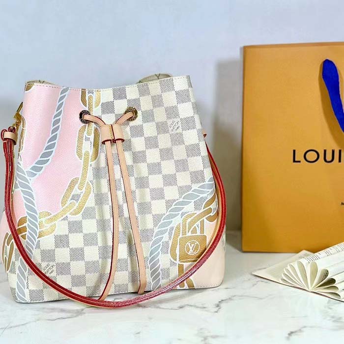 Louis Vuitton Women NeoNoé MM Bucket Bag Damier Azur Coated Canvas