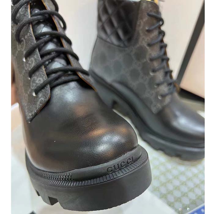 Gucci Women Ankle Boots Black GG Supreme Canvas Rubber Lace-Up High Heel