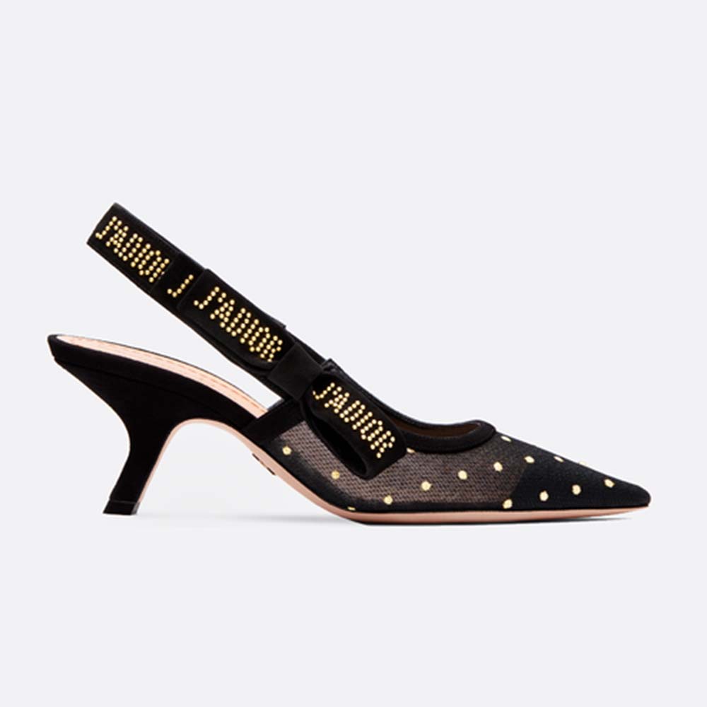 Dior Women J’adior Slingback in Gold-Tone Dotted Swiss in 6.5 cm Heel-Black
