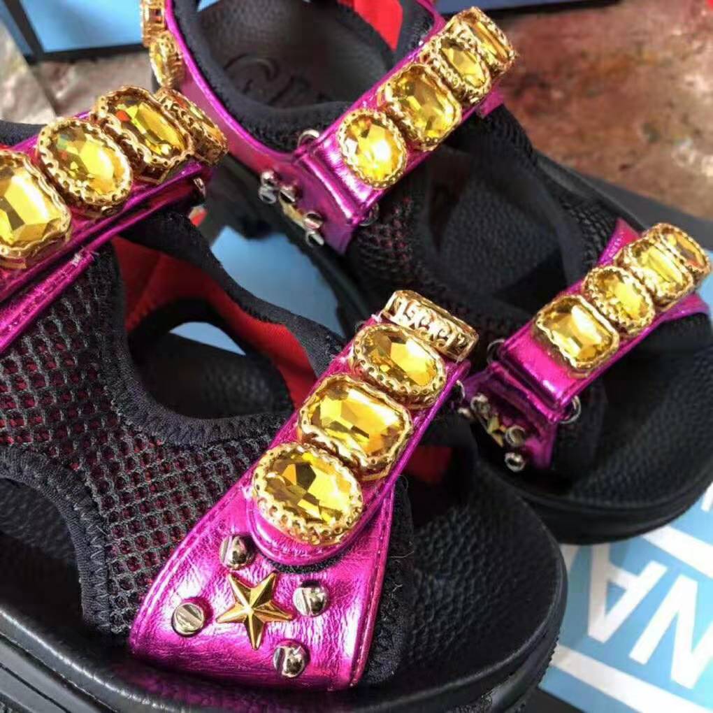 Gucci Women Metallic Leather Sandal with Crystals-Rose