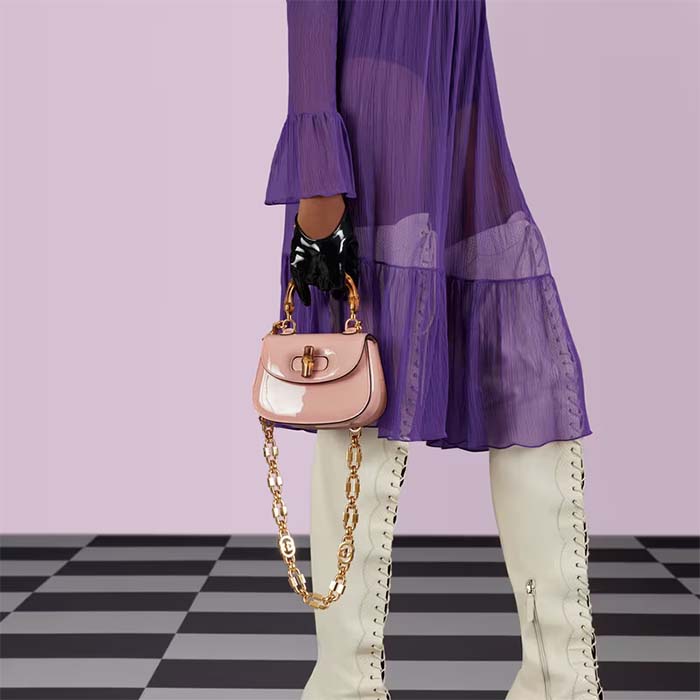Gucci Women Bamboo 1947 Mini Top Handle Bag Light Pink Patent Leather
