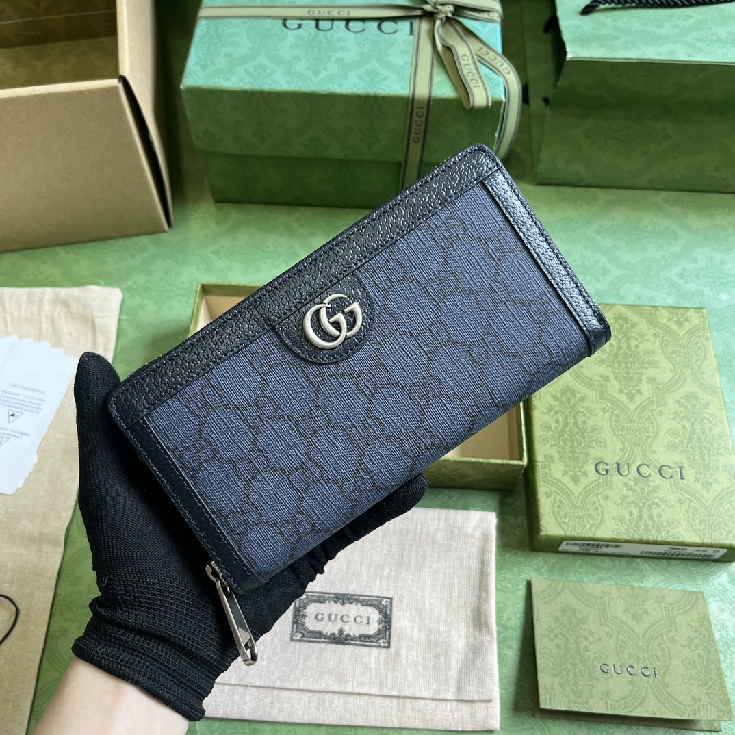 Gucci Unisex Ophidia GG Zip Around Wallet Blue Dark Blue GG Supreme Canvas