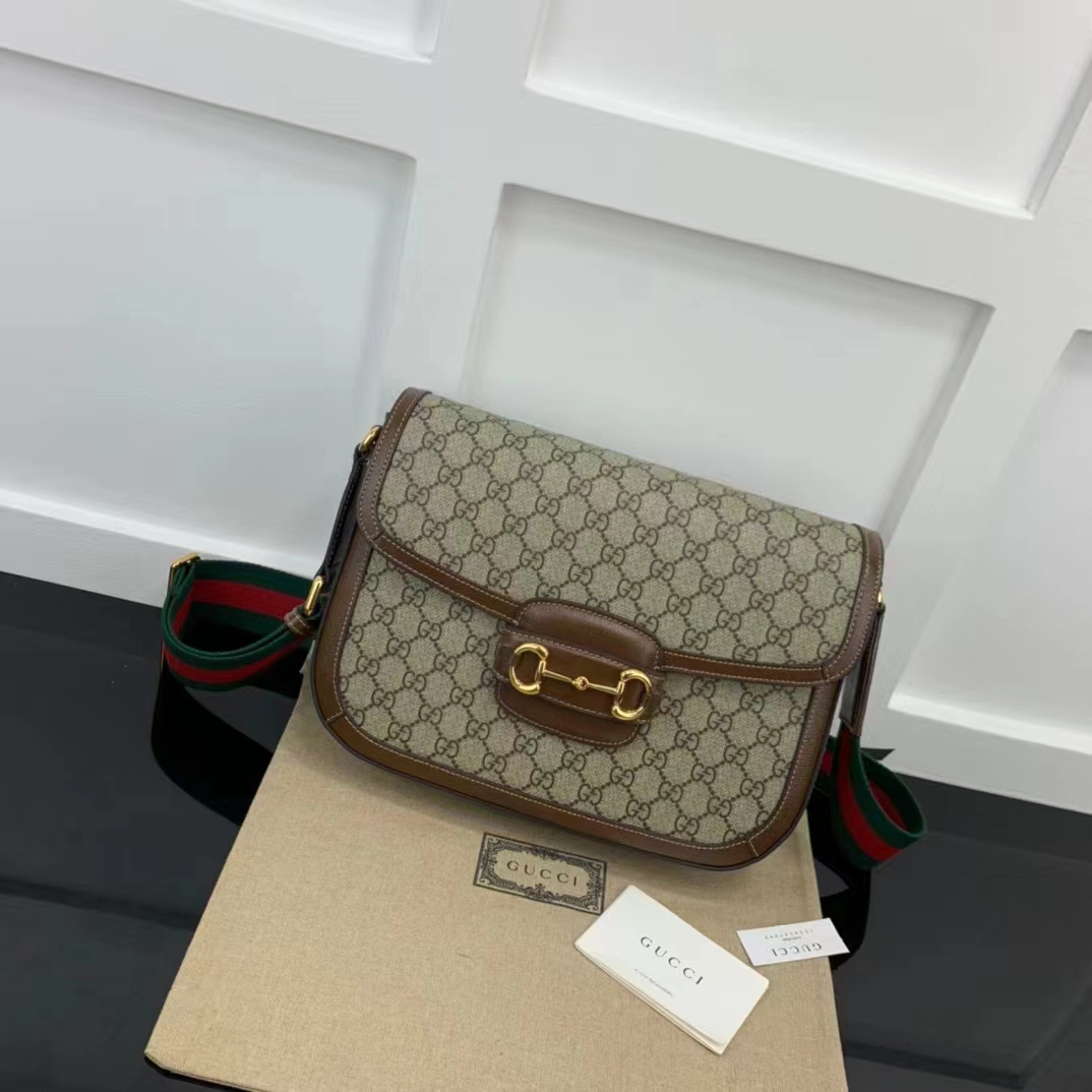 Gucci Unisex Horsebit 1955 Shoulder Bag Beige Ebony GG Supreme Canvas