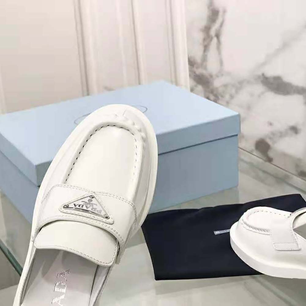 Prada Women Chocolate Brushed Leather Mules-White