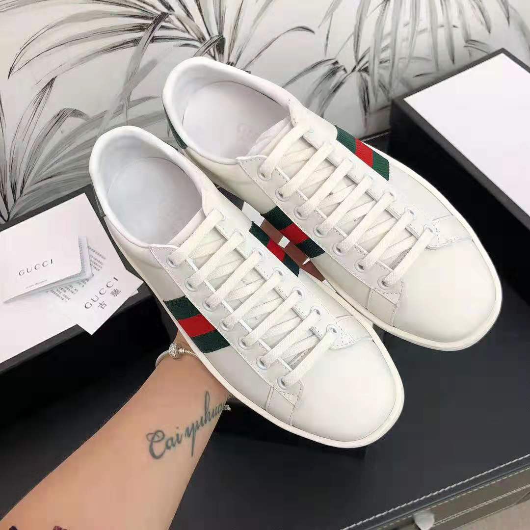 Gucci Unisex Ace Leather Sneaker White Leather with Green Crocodile Detail