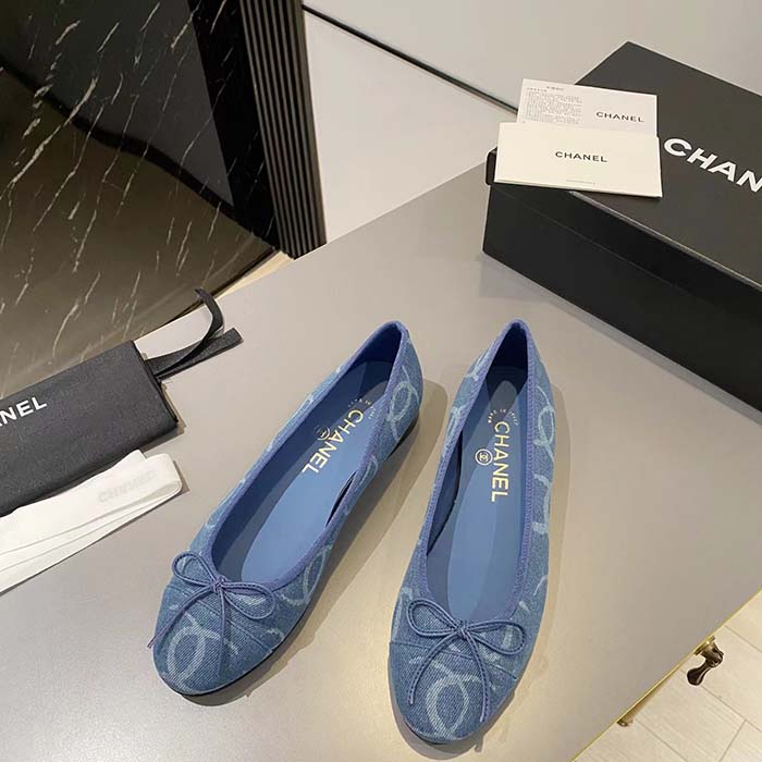 Chanel Women CC Ballet Flats Printed Denim Light Blue White