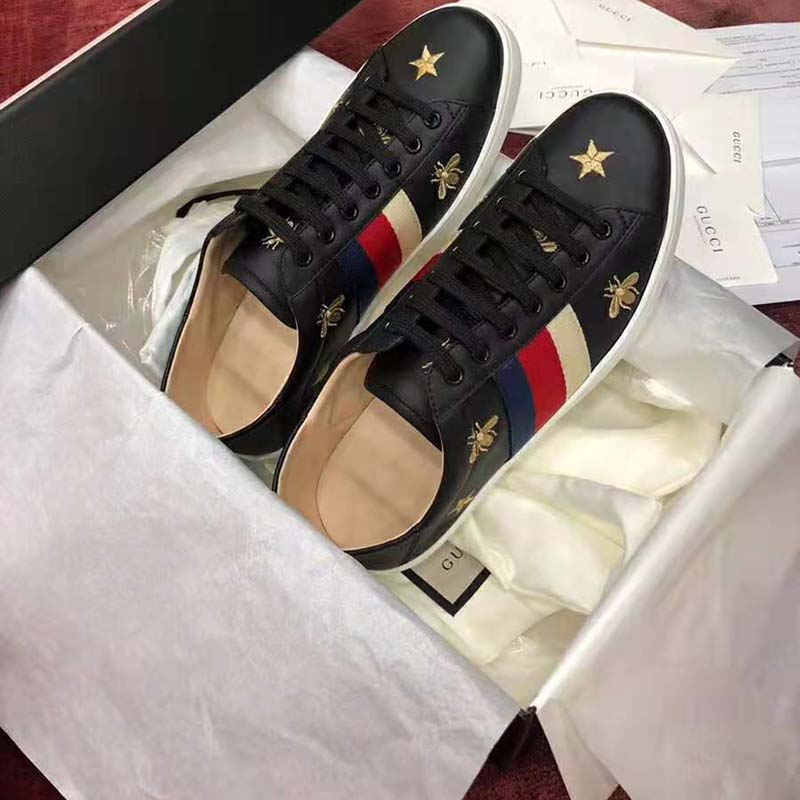 Gucci Men’s Ace Embroidered Sneaker in Black Leather with Bees and Stars