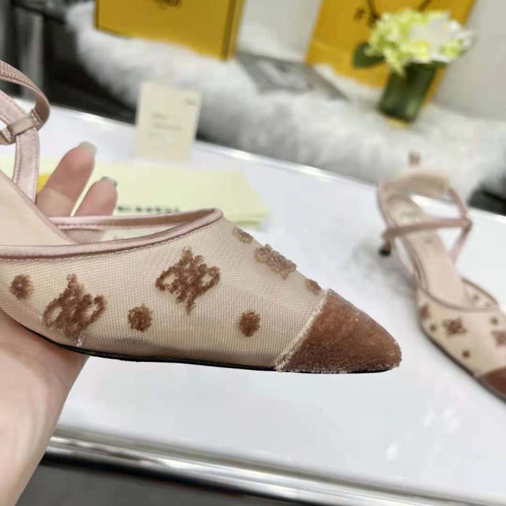 Fendi Women Colibri Lite Beige Mesh and FF Karligraphy Medium-Heel Slingbacks