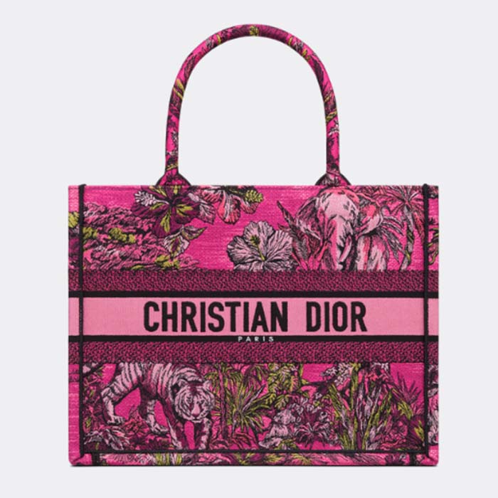 Dior Women CD Medium Book Tote Fuchsia Multicolor Toile De Jouy Voyage Embroidery