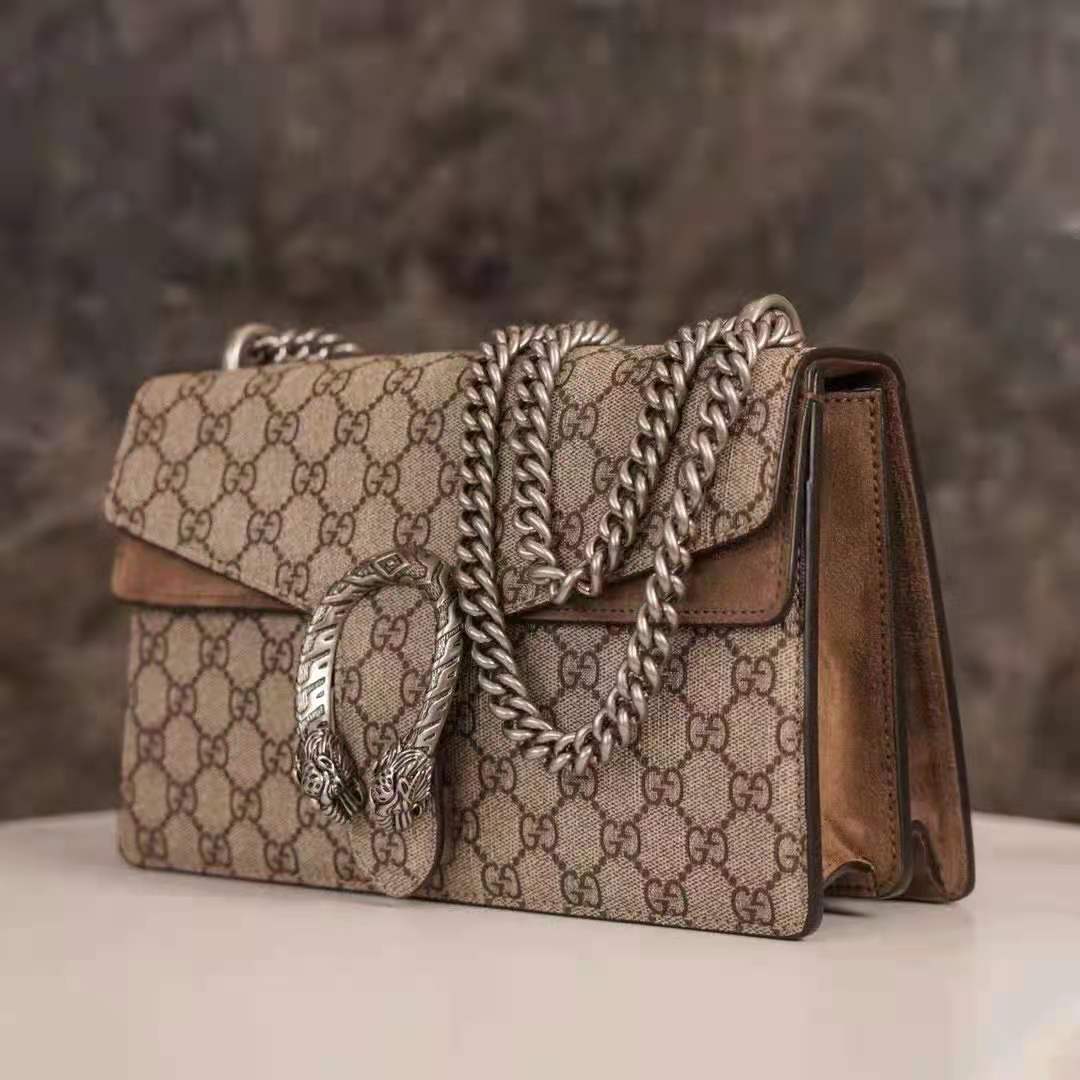 Gucci GG Women Dionysus GG Small Shoulder Bag Beige Ebony GG Supreme Canvas Brown Suede