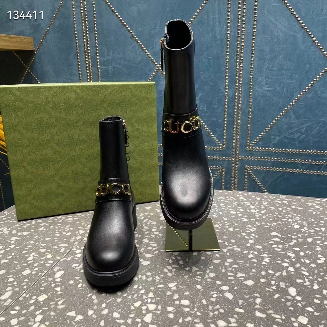 Gucci Women GG Gucci Boot Black Leather Rubber Sole Mid 8.9 CM Heel