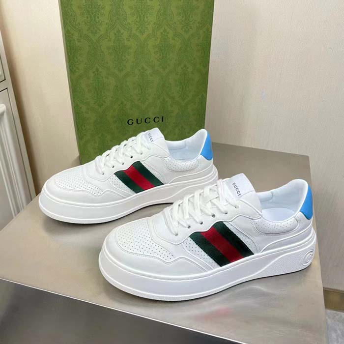 Gucci Unisex GG Sneaker Web White Leather Blue Lace-Up Flat