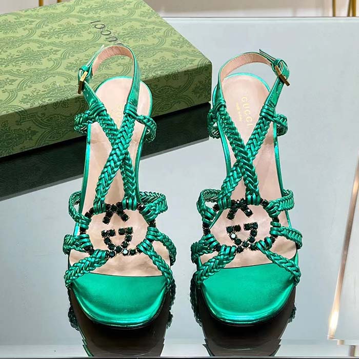 Gucci Women Crystal Interlocking G Sandal Green Metallic Braided Leather High Heel