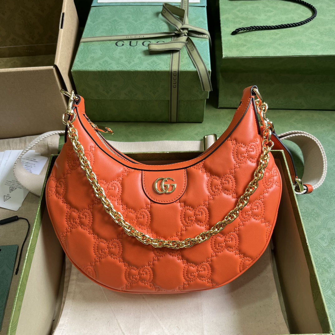 Gucci Women GG Matelassé Small Shoulder Bag Orange Double G Zip Closure