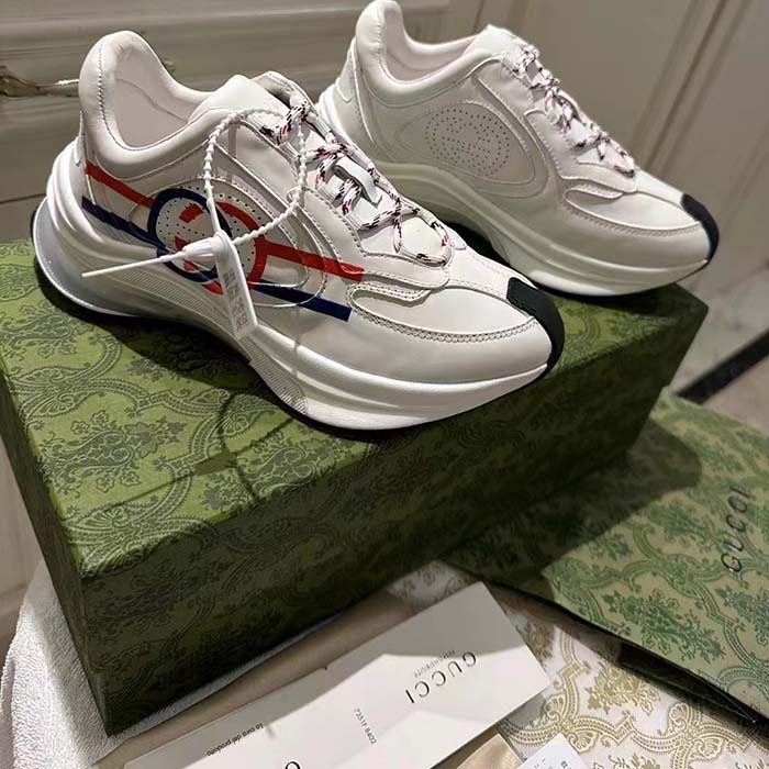 Gucci Unisex GG Run Sneaker White Leather Blue Mid Heel Red Interlocking G 6 Cm Heel