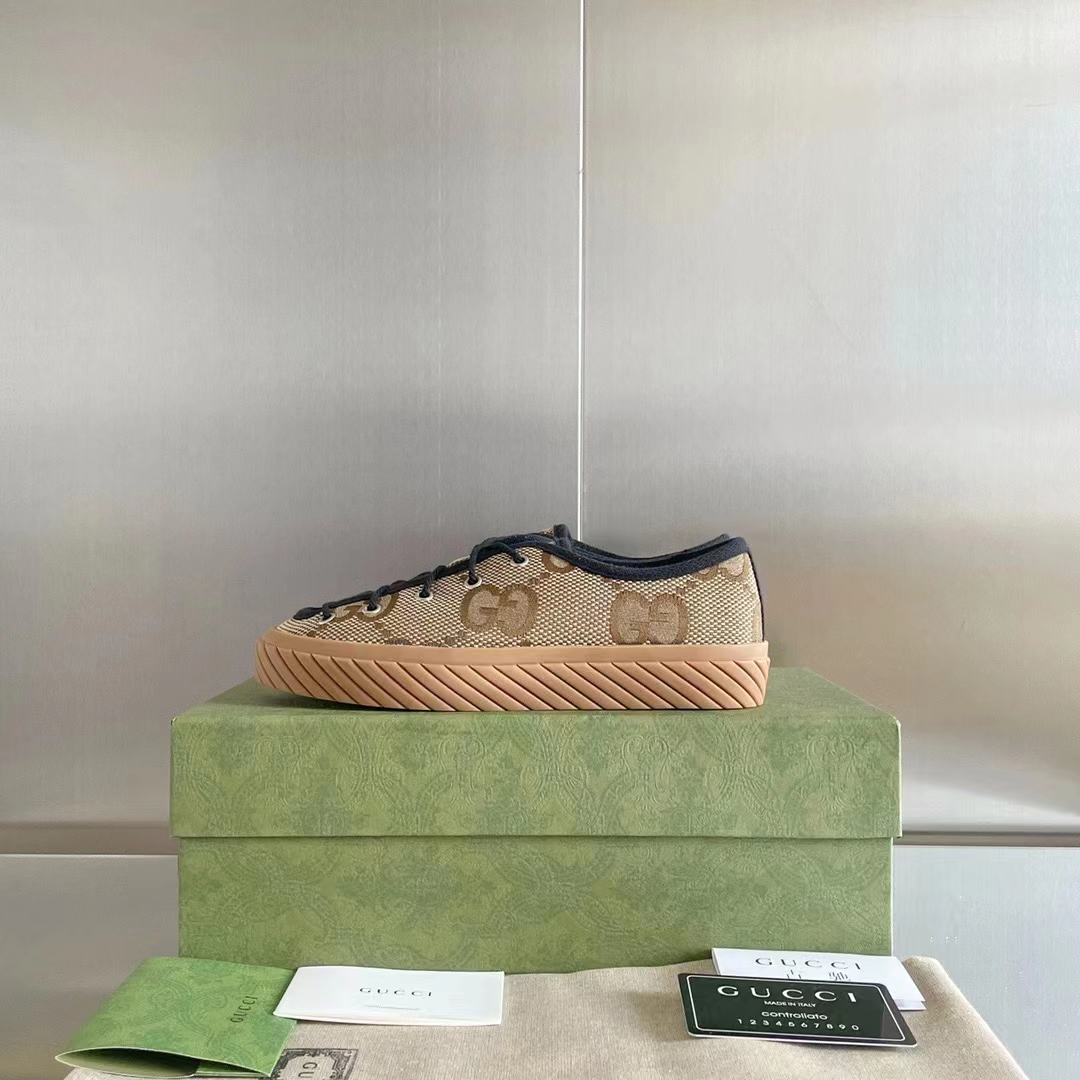 Gucci Unisex Maxi GG Sneaker Camel Ebony Canvas Rubber Sole Flat