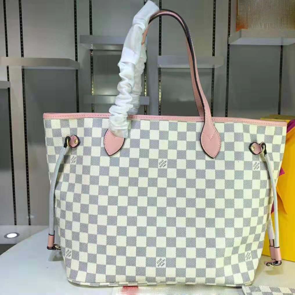 Louis Vuitton LV Women Neverfull MM Tote Bag in Damier Azur Canvas-Pink