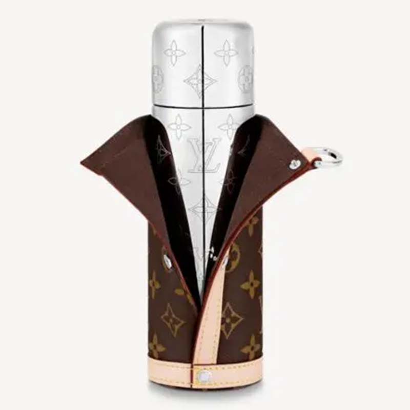Louis Vuitton LV Unisex Flask Holder Brown Steel Monogram Canvas Natural Cowhide