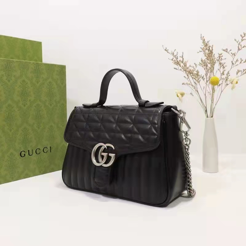 Gucci Unisex GG Marmont Small Top Handle Bag Black Matelassé Leather Double G