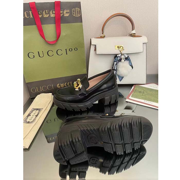 Gucci Women GG Lug Sole Interlocking G Loafer Black Patent Leather Low Heel Rubber
