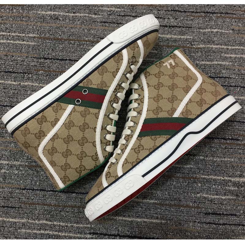 Gucci Unisex Tennis 1977 High Top Sneaker Brown Rubber Sole Flat 2 Cm Heel