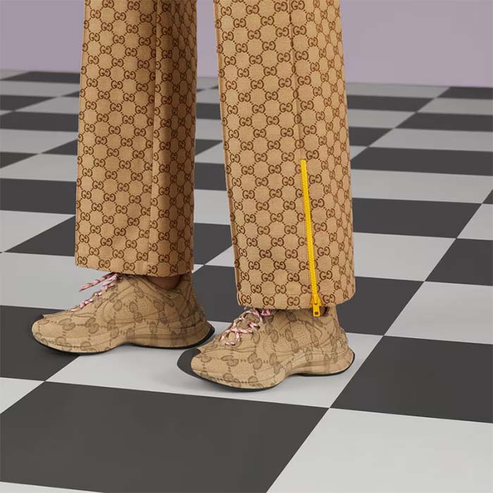 Gucci Unisex GG Run Sneaker Beige Ebony Leather GG Water Transfer Print