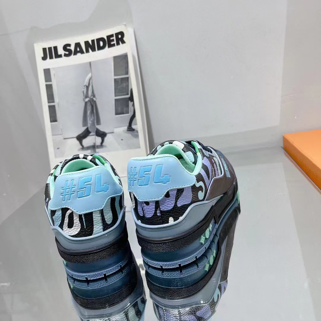 Louis Vuitton Unisex LV x YK LV Trainer Sneaker Navy Blue Camouflage-Printed Canvas Grained Calf