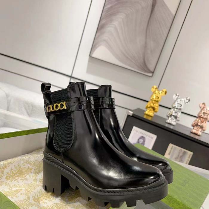 Gucci Women GG Mid-Heel Boot Logo Black Shiny Leather Heel Loop Pull Lug Rubber