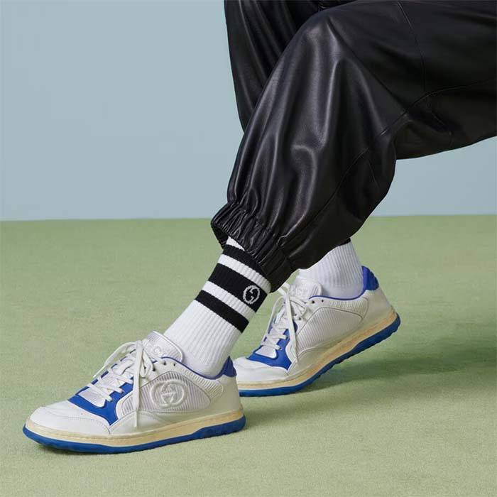 Gucci Unisex GG MAC80 Sneaker Off White Blue Leather Round Toe Rubber Flat