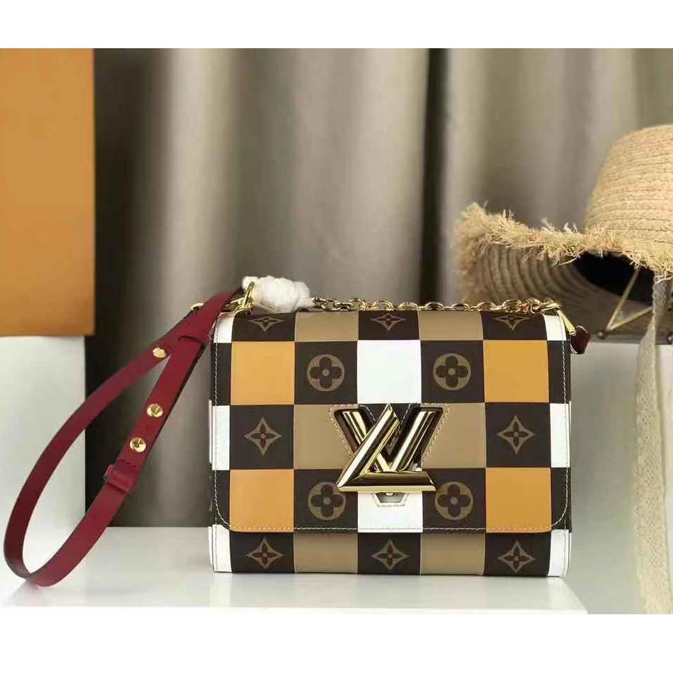 Louis Vuitton LV Women Twist MM Handbag in Smooth Cowhide and Monogram Coated Canvas