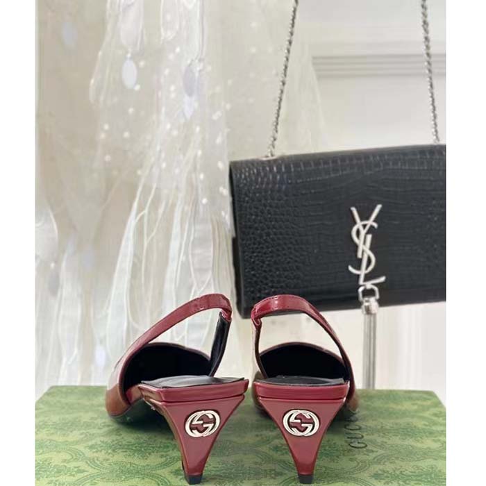 Gucci Women GG Slingback Pump Dark Red Leather Interlocking G Square Upper Mid-Heel