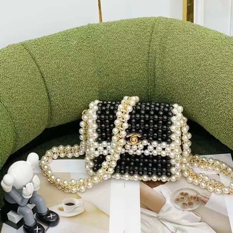 Chanel Women CC Small Evening Bag Imitation Glass Pearls Gold-Tone Metal Black