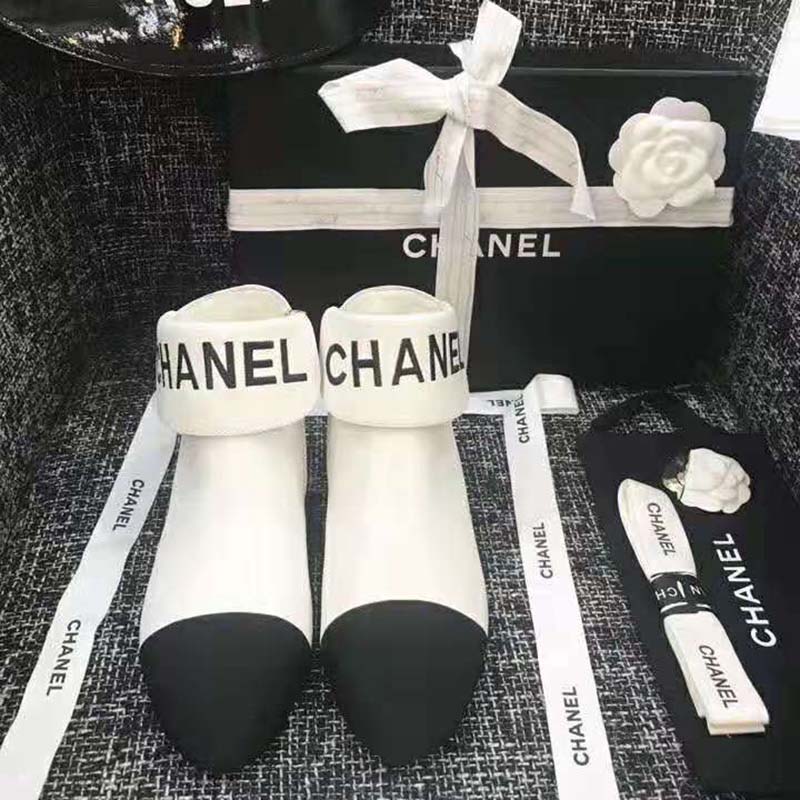 Chanel Women Loge Short Boots in Goat Leather & Faille-White
