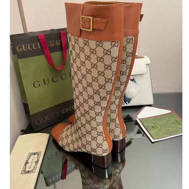 Gucci Blondie Women’s Boot Crystals Beige Ebony GG Canvas Low 5 Cm Heel