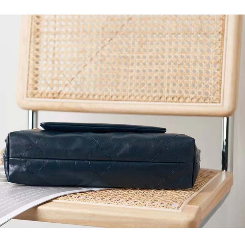 Chanel Women 22 Small Handbag Shiny Calfskin Gold-Tone Metal Navy Blue