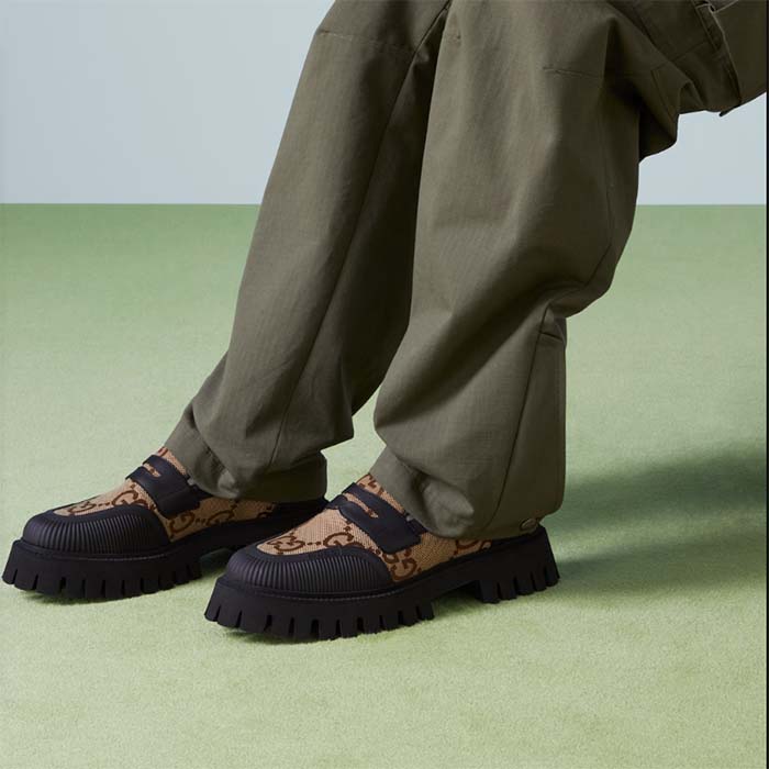 Gucci GG Unisex Maxi GG Loafer Camel Ebony Canvas Rubber EVA Sole Low-Heel