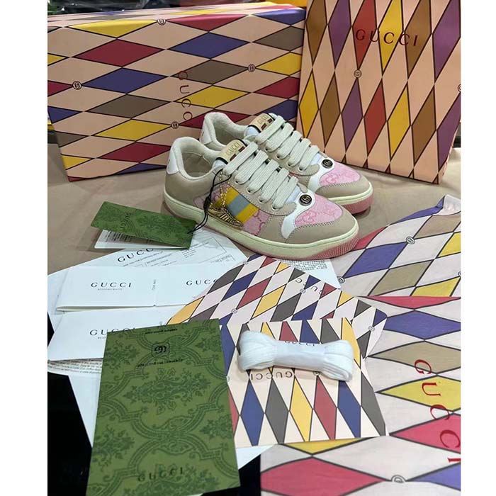 Gucci Unisex Screener GG Sneaker Light Pink Canvas Beige Suede Bi-Color Rubber Flat