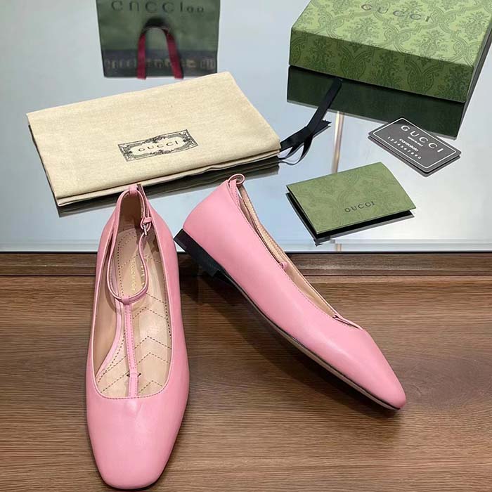 Gucci Women GG Ballet Flat Double G Pink Leather Sole Flat 1 Cm Heel