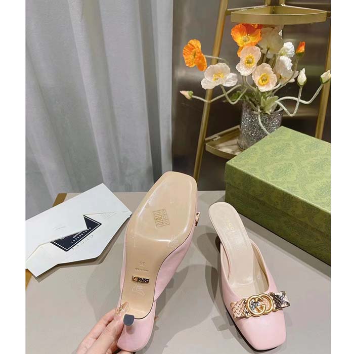 Gucci Women GG Interlocking G Mule Pink Leather Square Toe Leather Mid-Heel