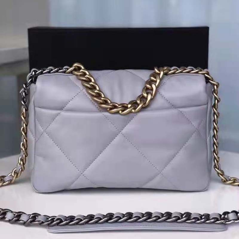 Chanel Women 19 Flap Bag Lambskin Iridescent Gold Silver-Tone Metal Grey