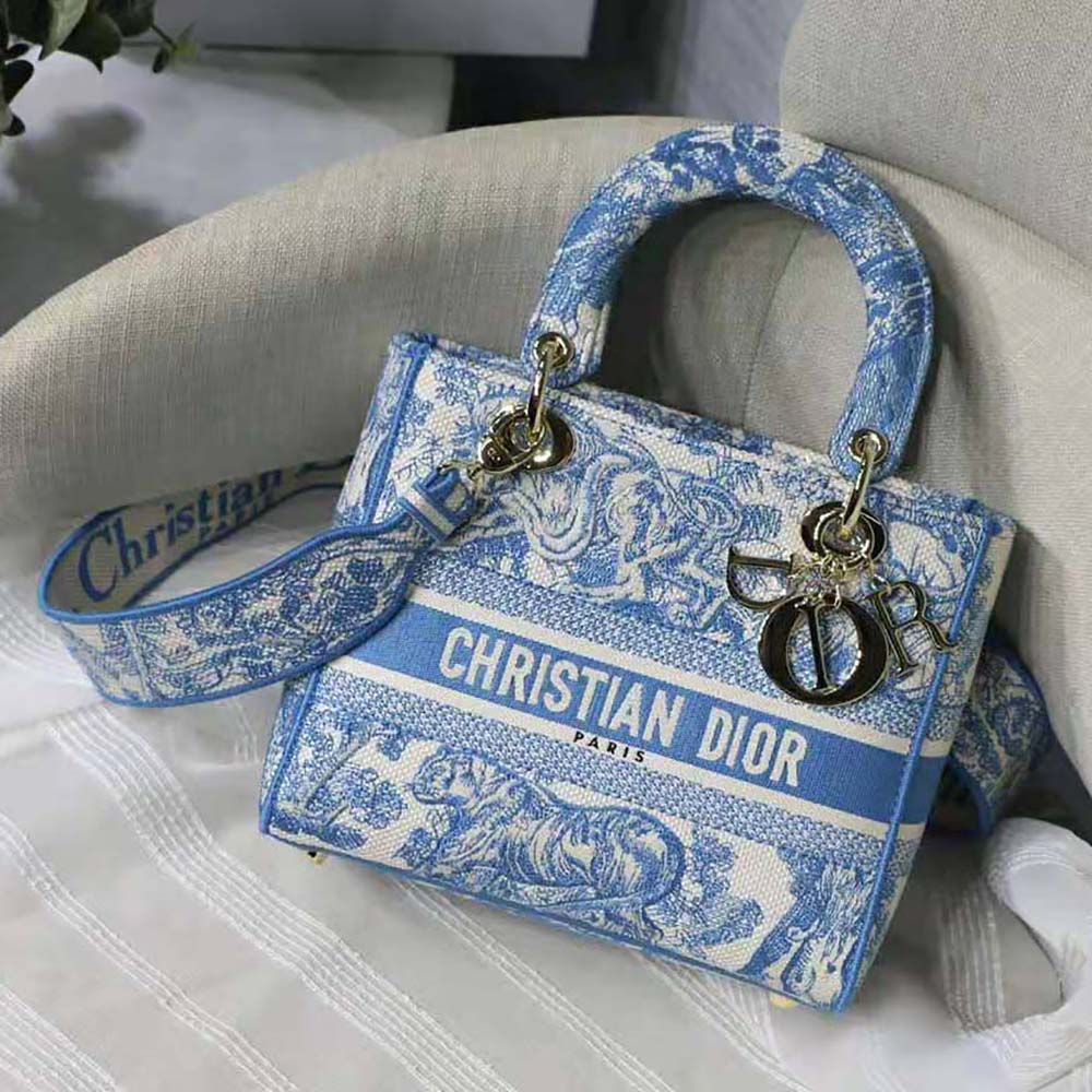 Dior Women Small Dior Book Tote Cornflower Blue Dior Oblique Embroidery