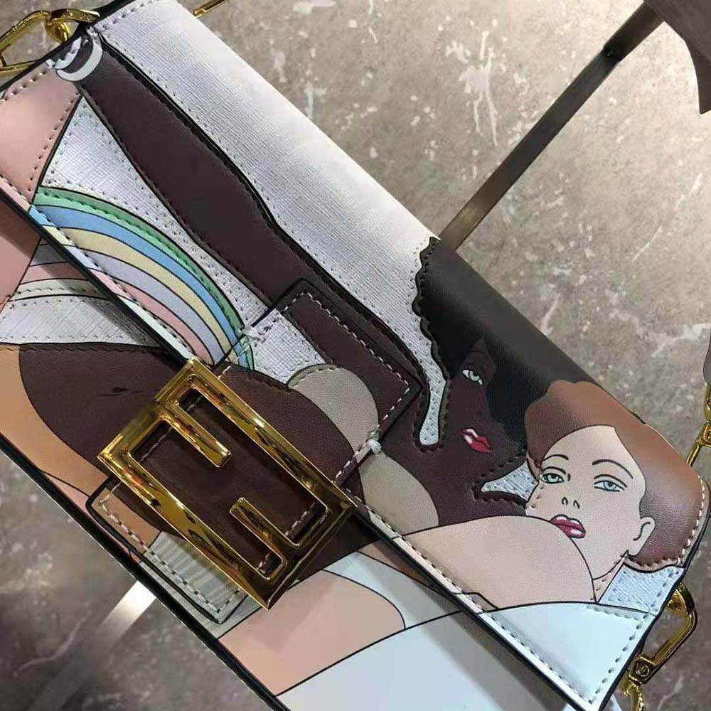 Fendi Women Baguette FF White Glazed Fabric Bag with Inlay